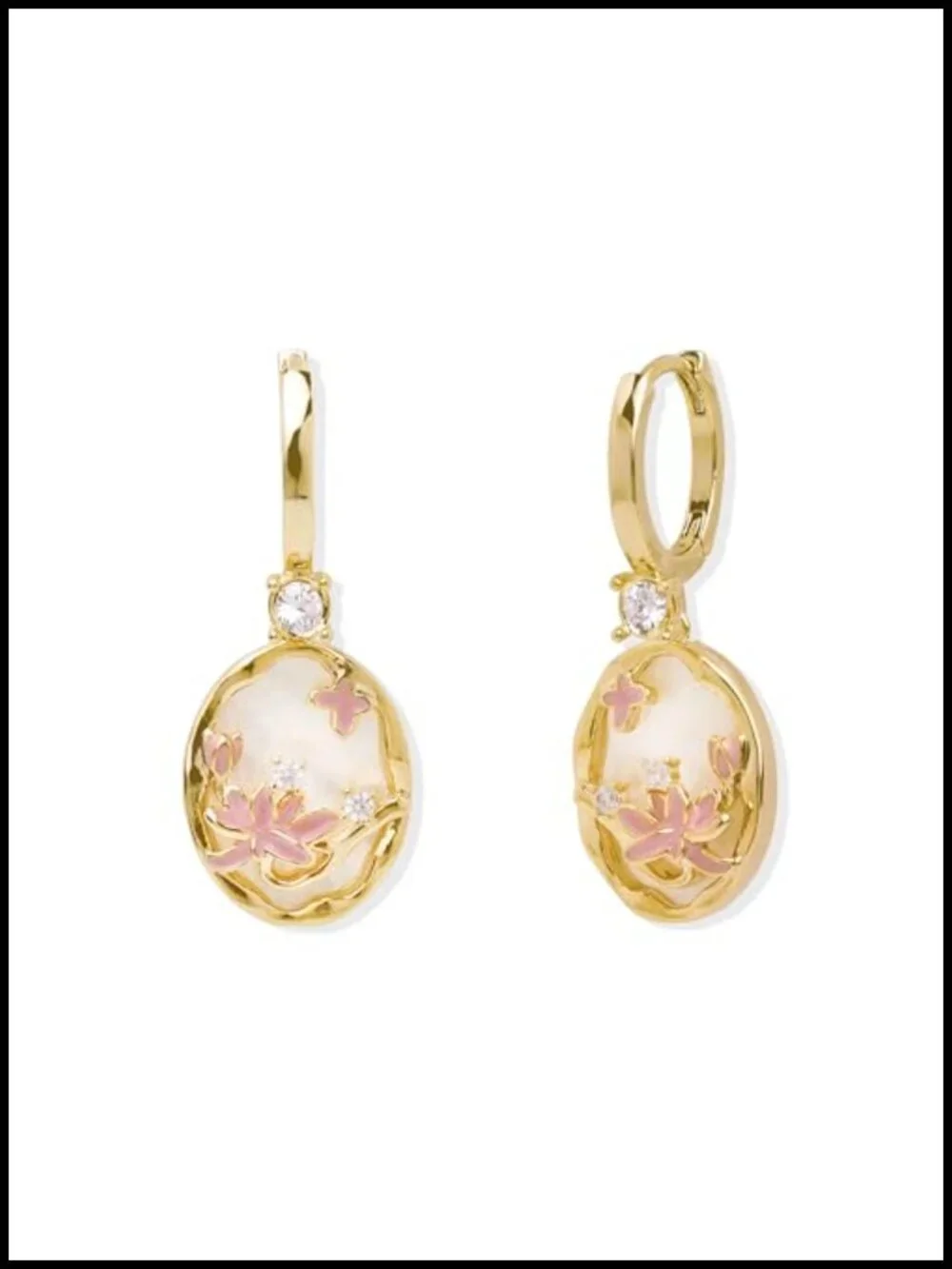 Gold Hoop Dangle Earrings with Mother of Pearl Lotus Flower CZ Rhinestone Drop